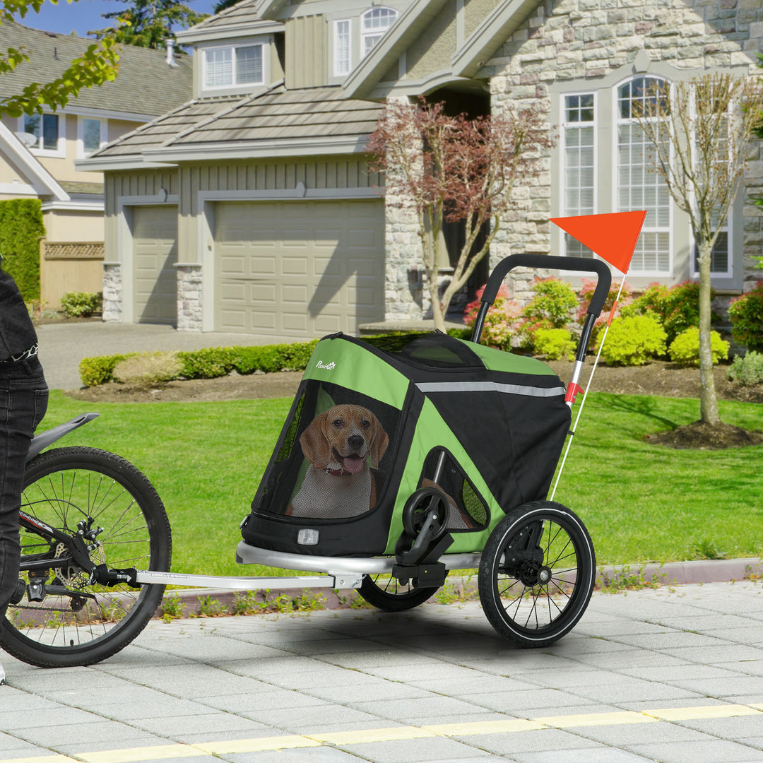 2-i-1 hundebåren/hundejogger/cykeltrailer op til 20 kg, 2 reflekser, 1 sikkerhedsline, 150 x 68 x 95 cm, grøn