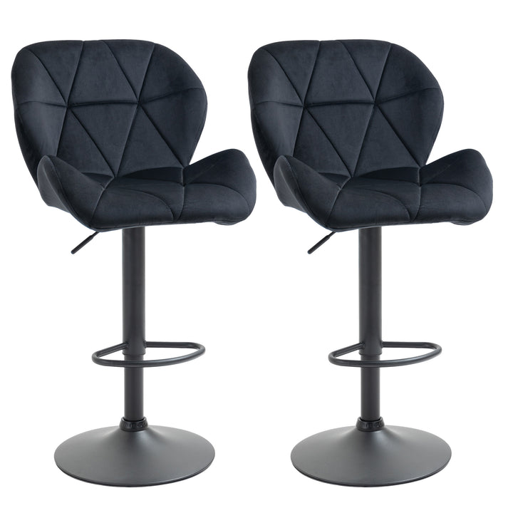 Sæt med 2 barstole, drejestole med ryglæn, højdejusterbar bistroskammel, barskammel, fløjlsberøring, armløs, skum, sort, 51,5 x 57,5 x 93-114,5 cm