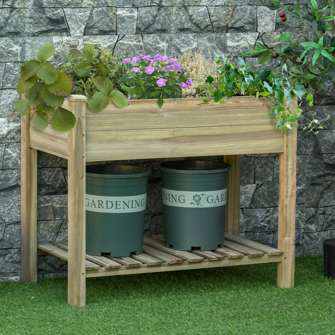 Højbed, hævet træplantekasse med bundhylde, robust konstruktion, drænhuller, 91l x 51b x 76h cm, grøn