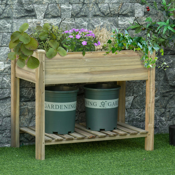 Højbed, hævet træplantekasse med bundhylde, robust konstruktion, drænhuller, 91l x 51b x 76h cm, grøn