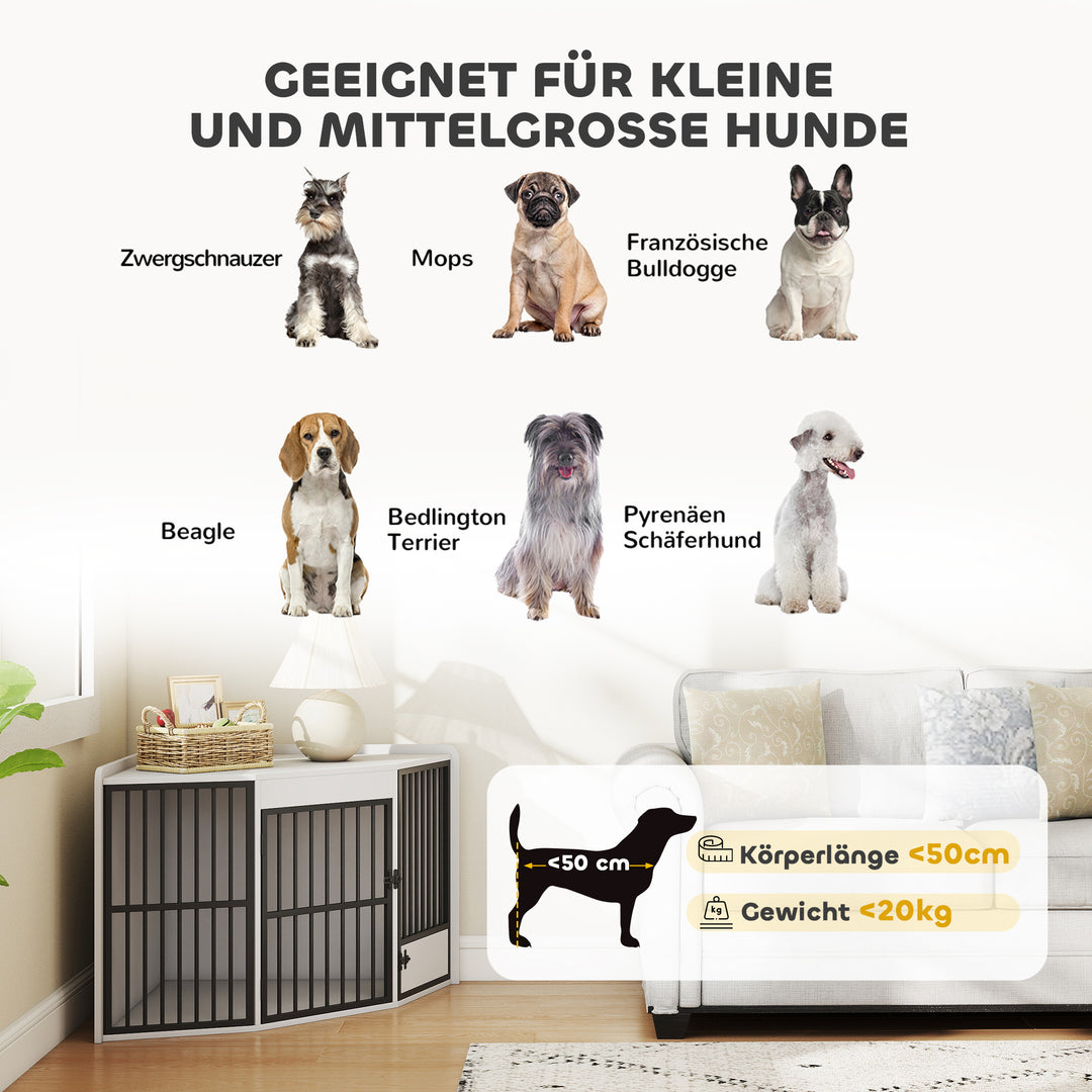 Hundebur, hundegård til små og mellemstore hunde, kæledyrsbur, foderlåge, MDF, metal, hvid