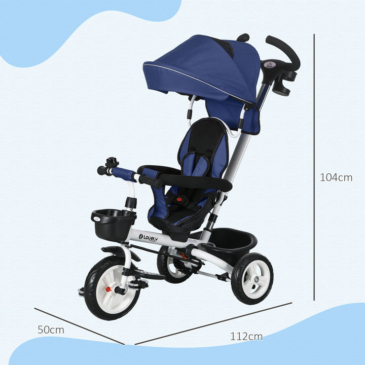 6-i-1 børnetrecykel med skubbehåndtag, kaleche, sele, opbevaringskurv, 18+ måneder, mørkeblå