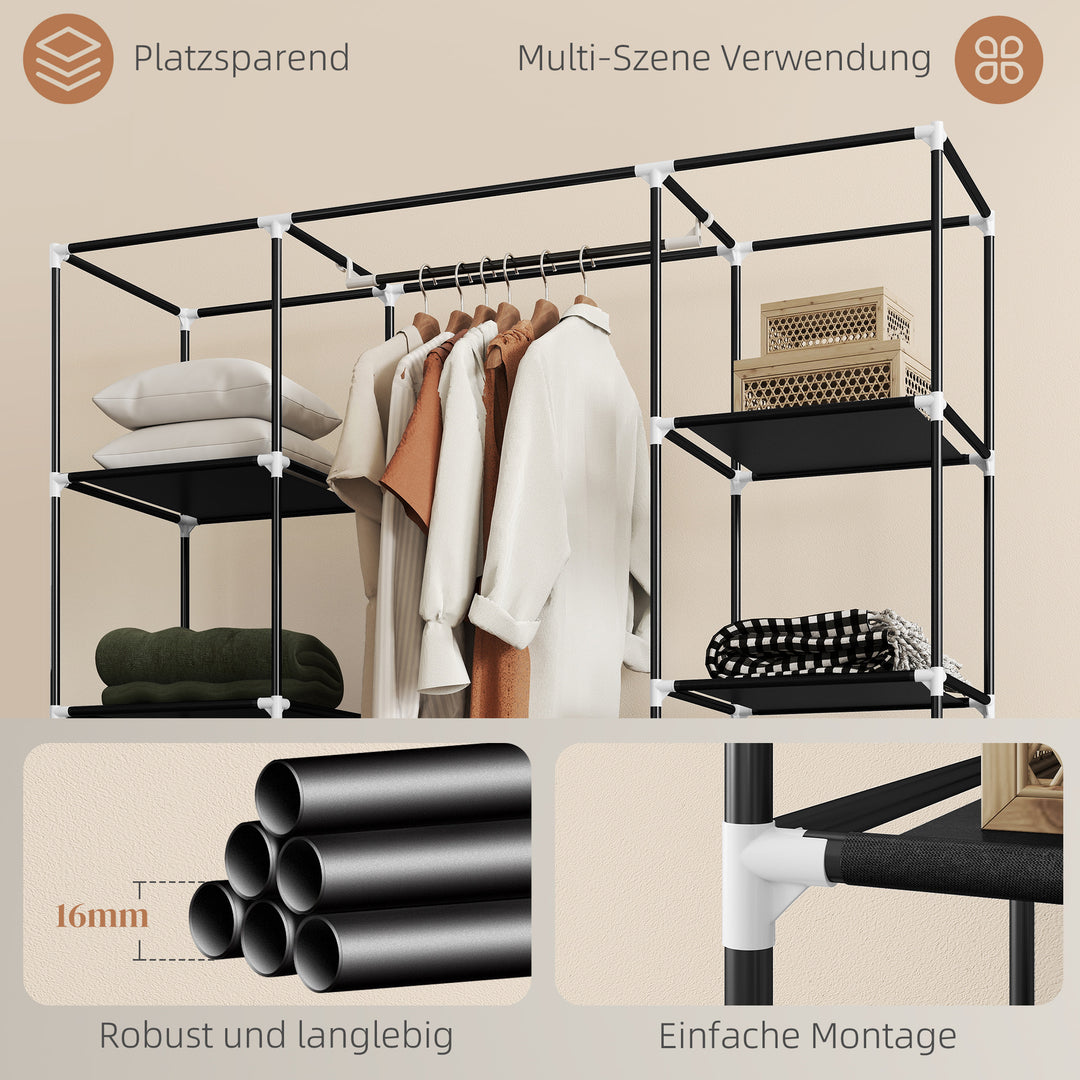 Stofgarderobe, foldbar garderobe, 1 bøjlestang, 9 hylder, 150 cm x 43 cm x 162,5 cm, sort