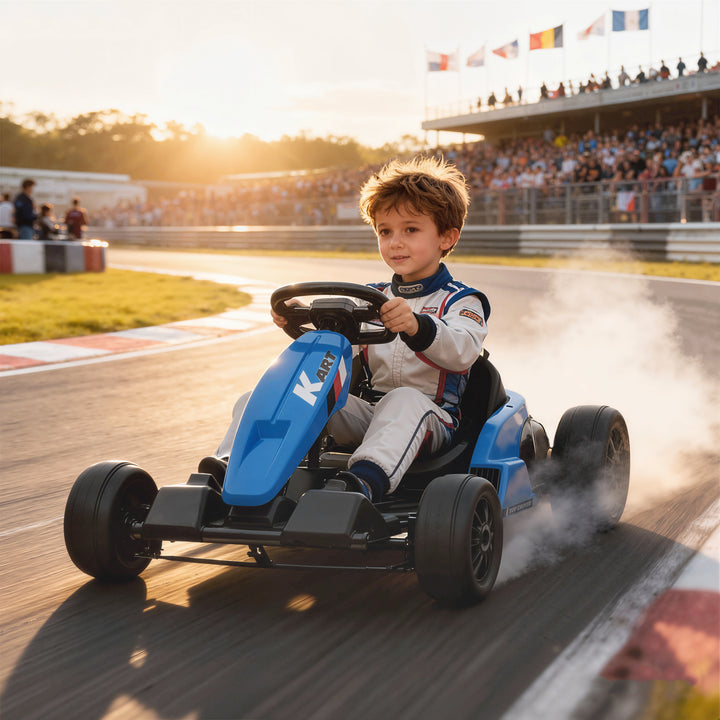 24V elektrisk gokart, drifttilstand, justerbart sæde, 5-punktssele, musikfunktion, 6-12 år, blå