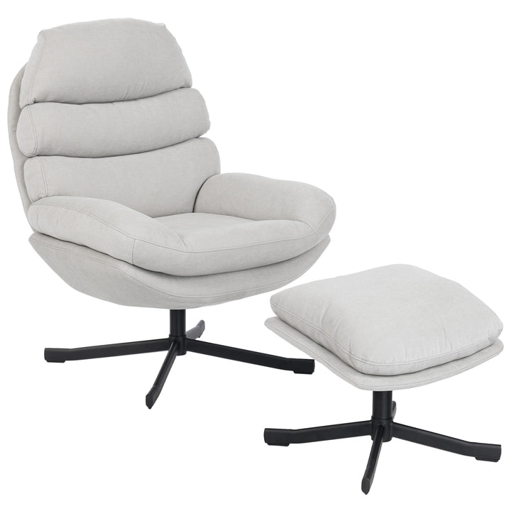 Lænestol med fodskammel, loungestol med chenillestof, moderne TV-stol, 78 x 93 x 100 cm, cremehvid