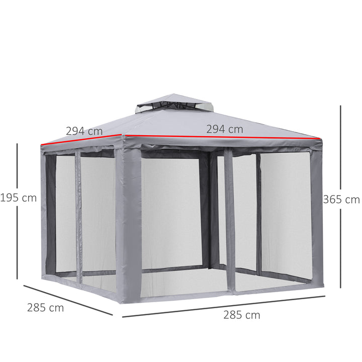 Dobbelttagspavillon, 3x3 m, vandtæt, robust, vintersikker, havepavillon med myggenet og sidepaneler, metal havepavillon til have og terrasse, lysegrå