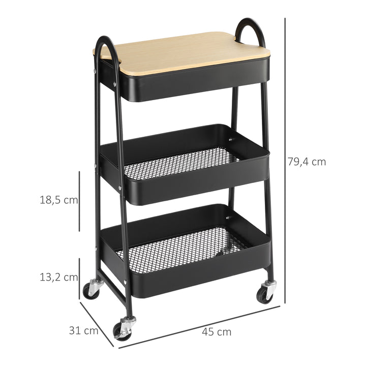Trolley, serveringsvogn med 3 kurvehylder, metal, plastik, sort