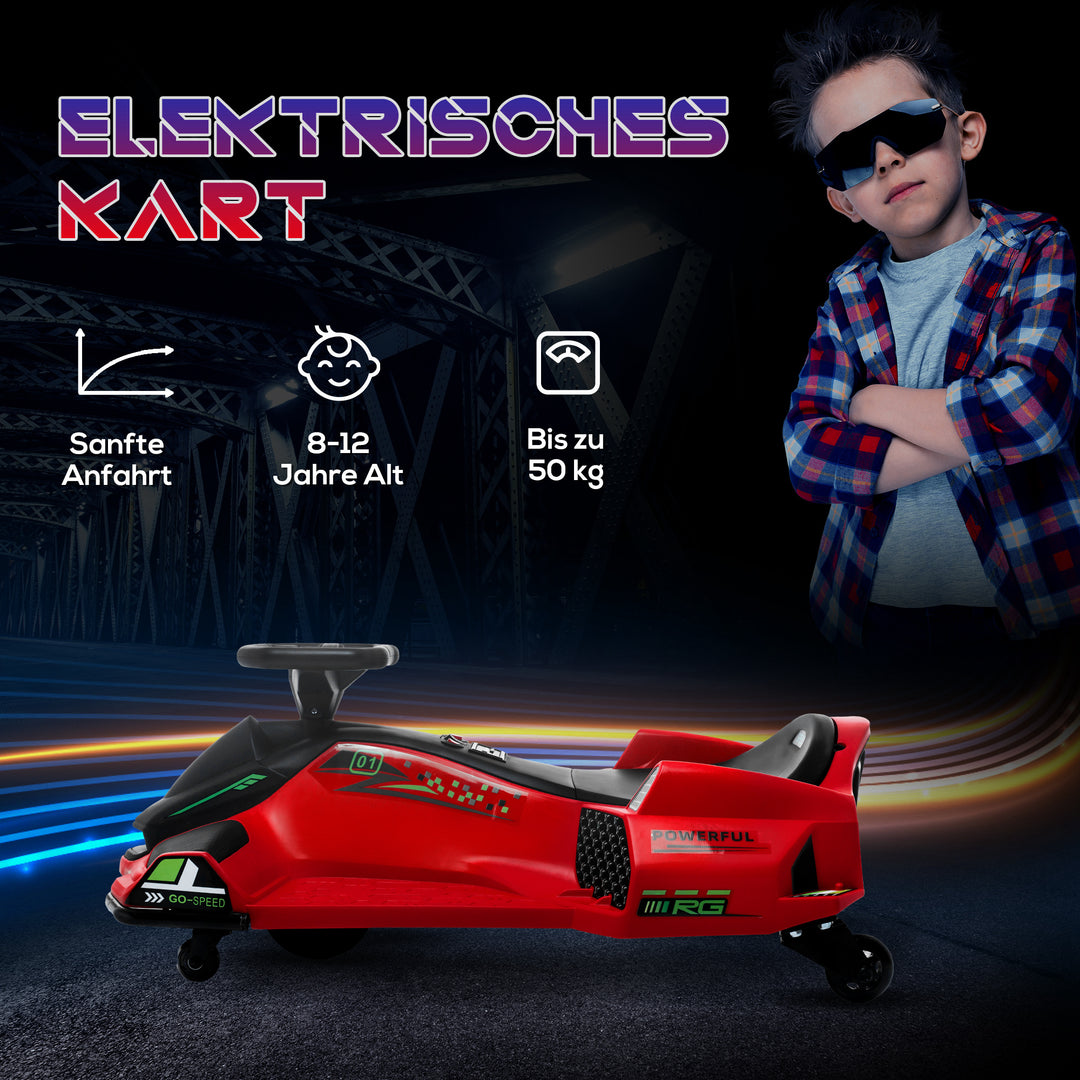 Elektrisk gokart til børn, gummihjul, 3-8 km/t, med lys og musikfunktion, rød