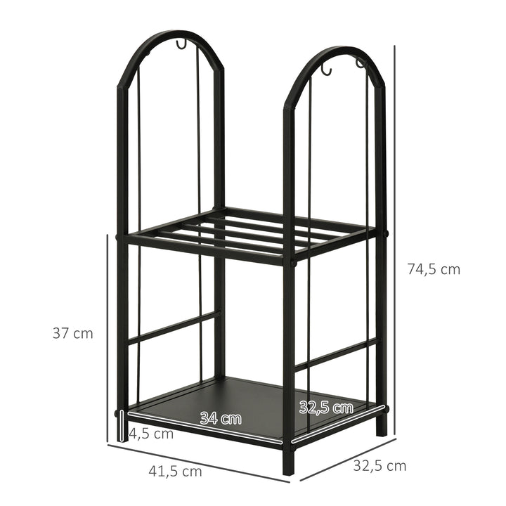 Brændestativ, brændestativ, brændestativ med 4 ekstra brændeværktøjer, pejsværktøj, 2-lags design, brændeopbevaring, pejsværktøj, metal, sort, 41,5 x 32,5 x 74,5 cm