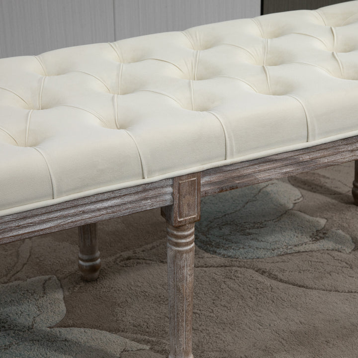 Polstret bænk vintage sengebænk med knapper velour touch gummitræ beige 142 x 47 x 51 cm