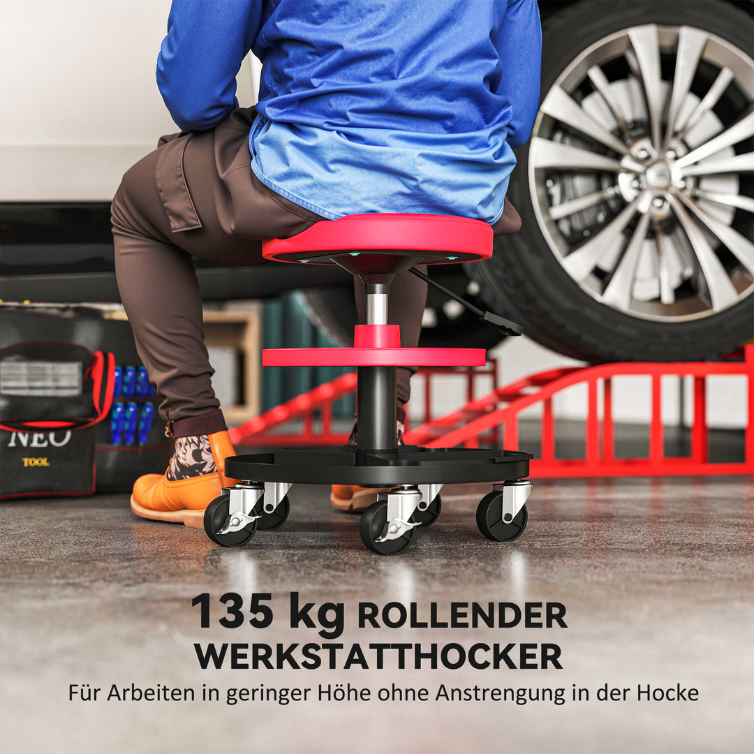 Værkstedsskammel med hjul, bakker, højdejusterbar 40-51 cm rullende skammel, belastningskapacitet op til 135 kg, rød