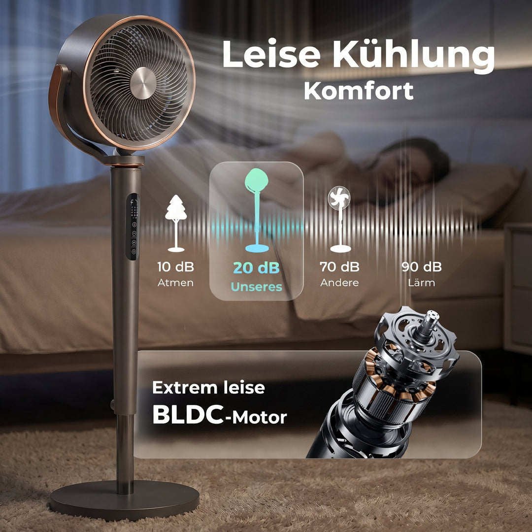 Sokkelventilator, luftcirkulator, ventilator med 12 hastighedsindstillinger, LED-display, fjernbetjening, 70°+90° oscillation, grå