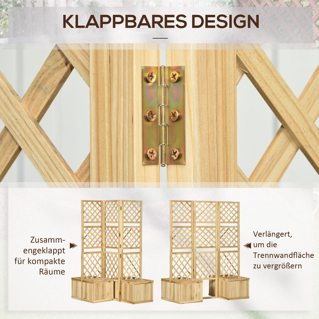 Foldeskærm, privatlivsskærm til haven, tredobbelt foldbar, 4 blomsterkasser, massivt træ, naturlig farve, 133 x 62 x 165 cm