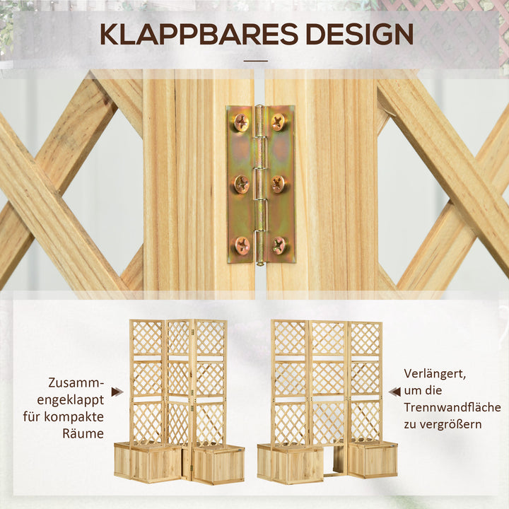 Foldeskærm, privatlivsskærm til haven, tredobbelt foldbar, 4 blomsterkasser, massivt træ, naturlig farve, 133 x 62 x 165 cm