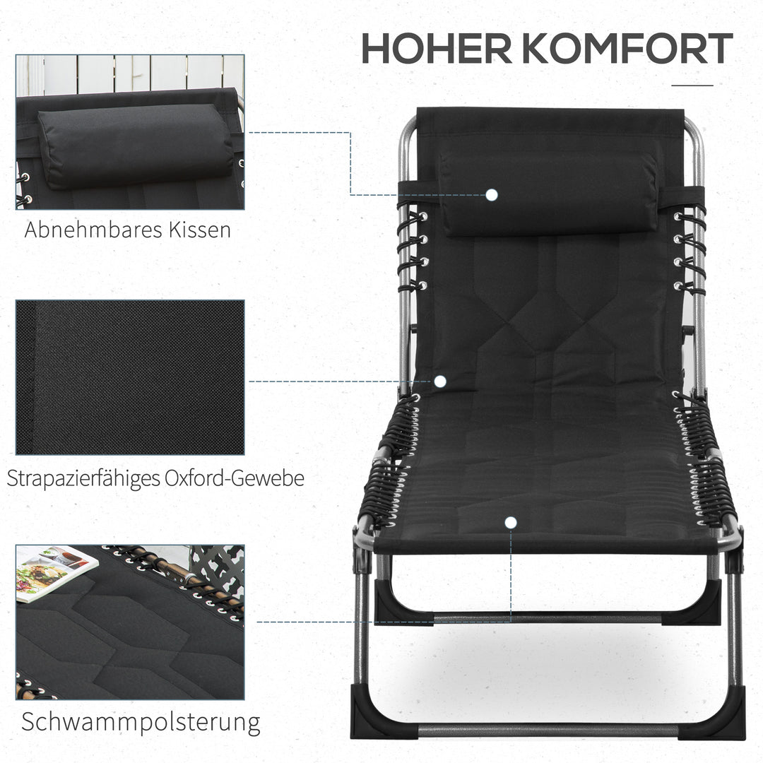 Sammenklappelig liggestol, havestol med hynde, justerbar ryglæn med 5 positioner, stålstel, Oxford-stof, sort, 188 x 57 x 30 cm