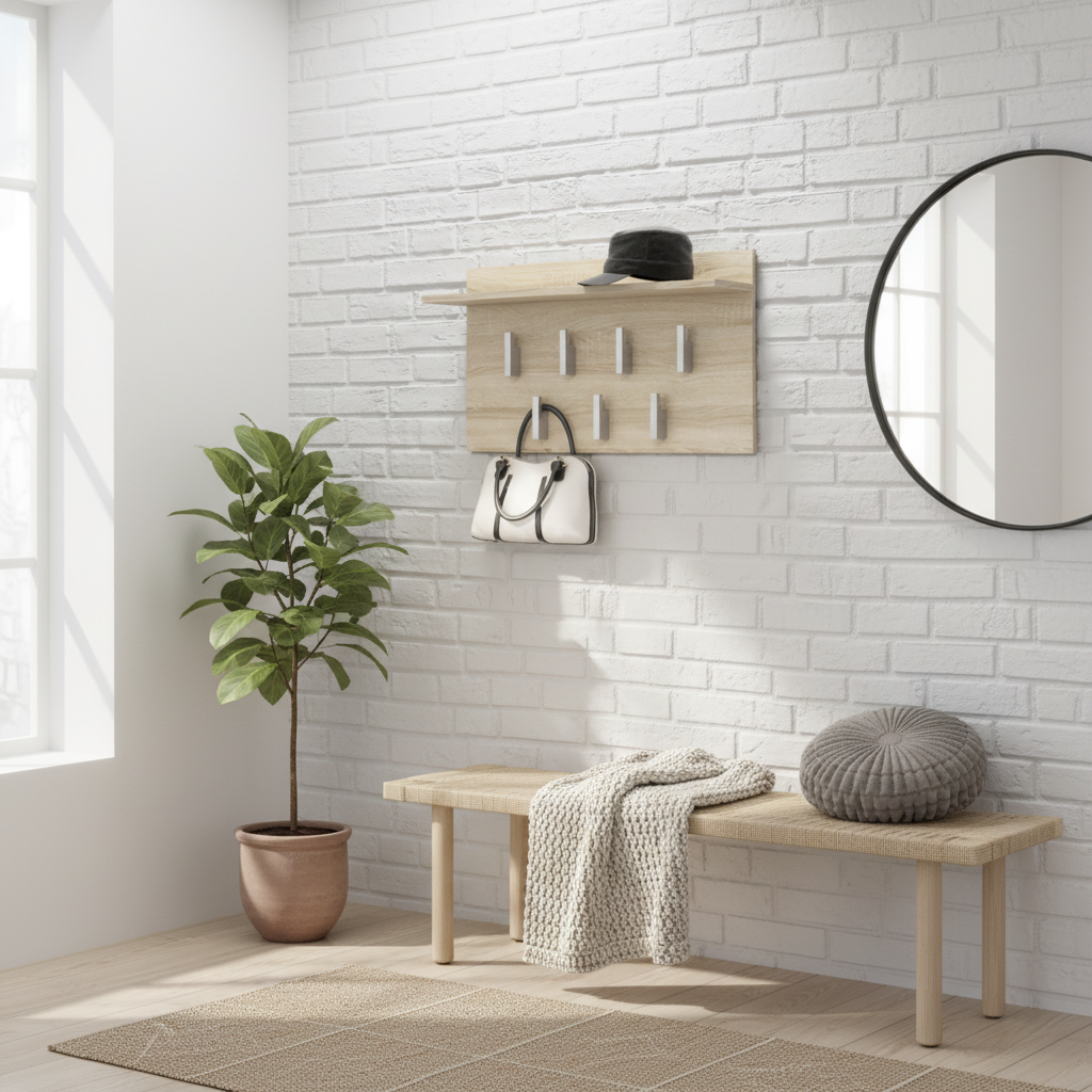 Praktisk knagerække med hylde, til væggen, naturfarvet