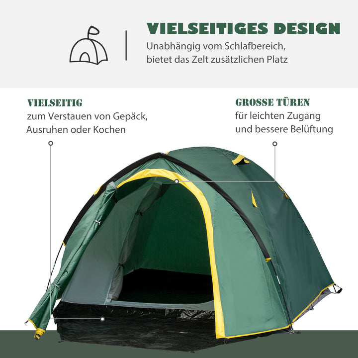 Telt til 2 personer 190t campingtelt med pløkker kuppeltelt glasfiber polyester grøn+gul 325 x 183 x 130 cm