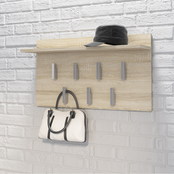 Praktisk knagerække med hylde, til væggen, naturfarvet