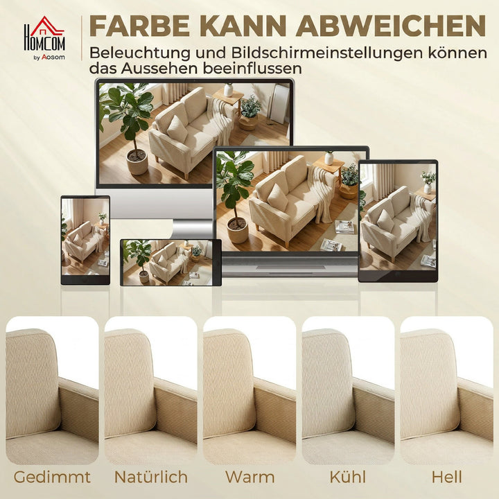 2-personers sofa med 2 puder, opbevaringsplads, ben i massivt træ, lille moderne loveseat, fløjlsbøjle, 117 x 63 x 79 cm, beige