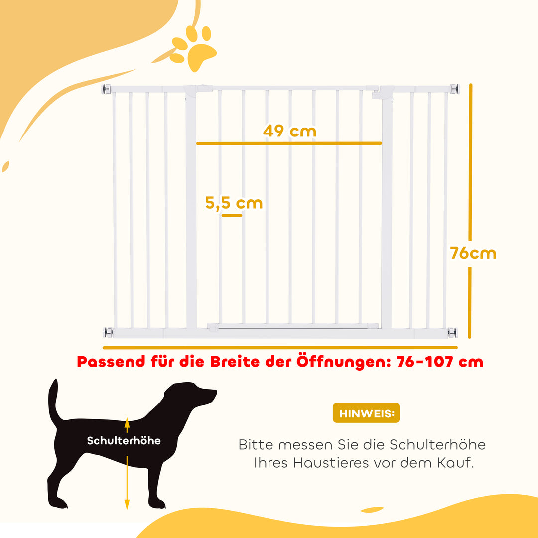 Dørsikkerhedslåge, trappesikkerhedslåge uden boring, hundebarrierer, kæledyrssikkerhedslåge, hundegitter, klemmemontering, metal, hvid, 76-107 x 76 cm