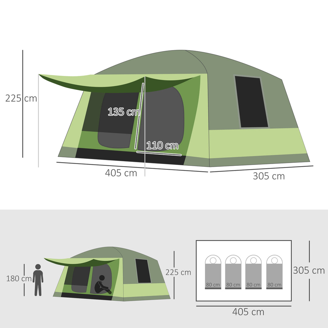 Campingtelt kuppeltelt familietelt 2 sovekabiner 4-8 personer l405 x b305 x h225 cm