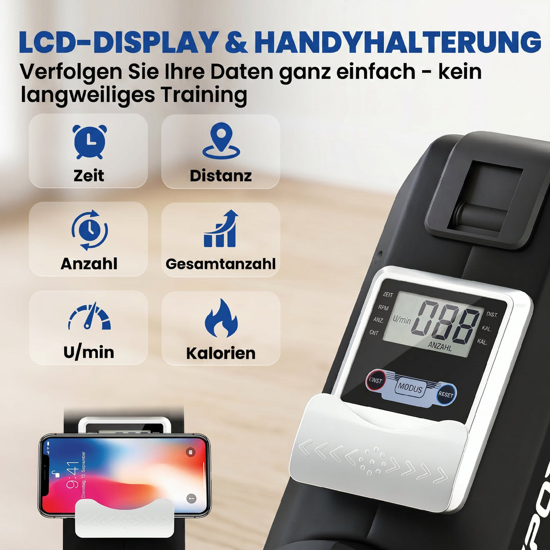 Romaskine til hjemmet, stille magnetisk romaskine med 16 modstandsniveauer, eksklusiv app, LCD-display og telefonholder