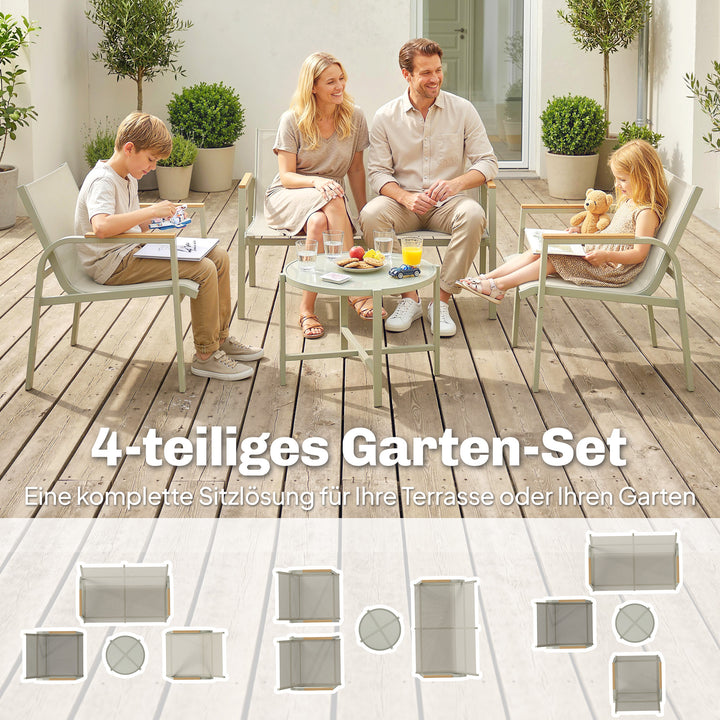 Vejrbestandigt havemøbelsæt i metal, siddegruppe til 4 personer, havelounge med 2-personers sofa, 2 lænestole, sidebord, grøn