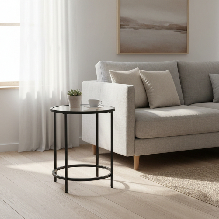 Rundt sidebord med glasplade og metalstel, sort, 48×48×55 cm