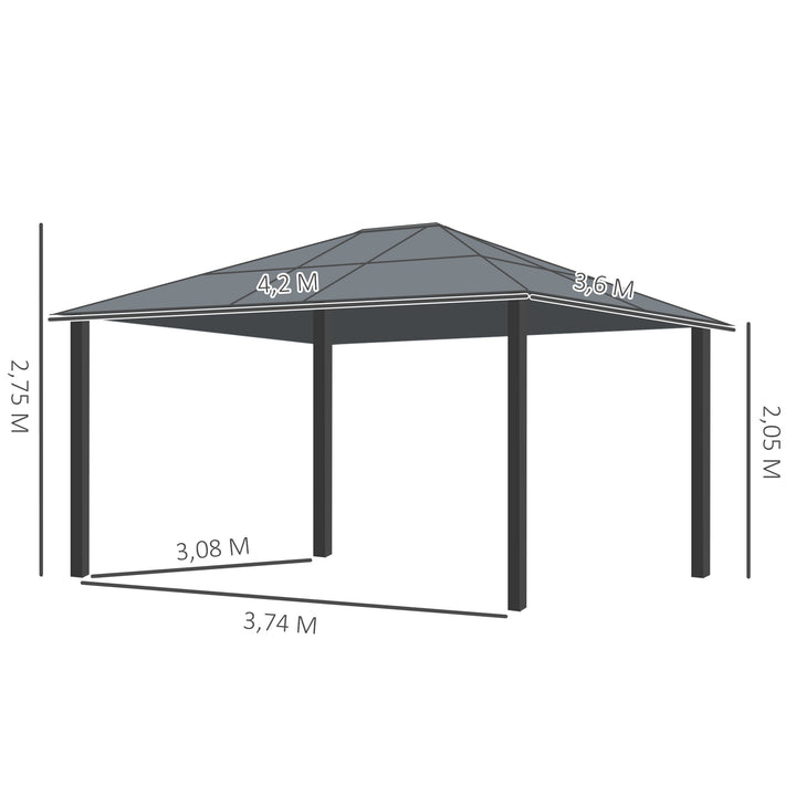 Havepavillon med hårdt tag 4,2 x 3,6 m, gardiner med fluenet, aluminiumsramme, brun+creme