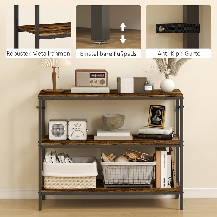 Konsolbord, sidebord med 3-lags hylde, spånplade, metal, lysebrun