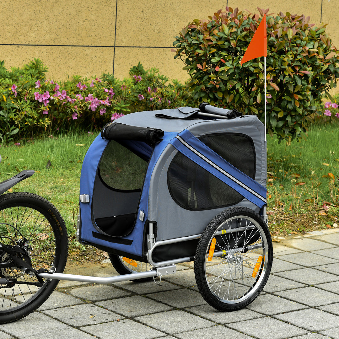 2-I-1 kæledyrstrailer cykeltrailer op til 20 kg foldbart regnslag sikkerhedsflagreflekser stålgrå+blå 130 x 73 x 90 cm