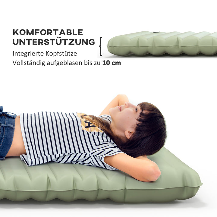 Luftmadras, campingmåtte, vandafvisende, rivefast, med fodpumpe, nylon, 200l x 60b x 10h cm, grøn