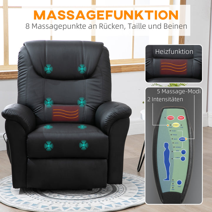 Massagestol med stand-up-hjælp, 8 vibrationspunkter, varmefunktion, fodstøtte, sort