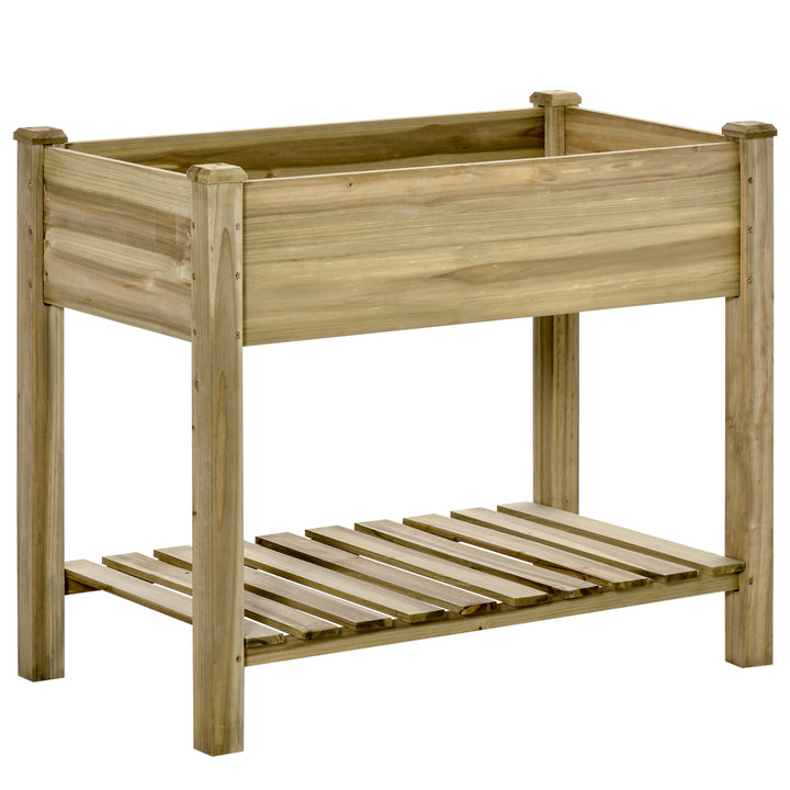 Højbed, hævet træplantekasse med bundhylde, robust konstruktion, drænhuller, 91l x 51b x 76h cm, grøn