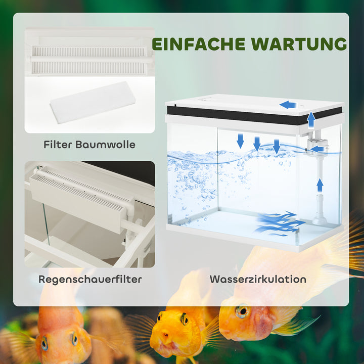 41-liters glasakvarium med filtersystem, LED-lys, vandpumpe, til forskellige fiskearter, hvid