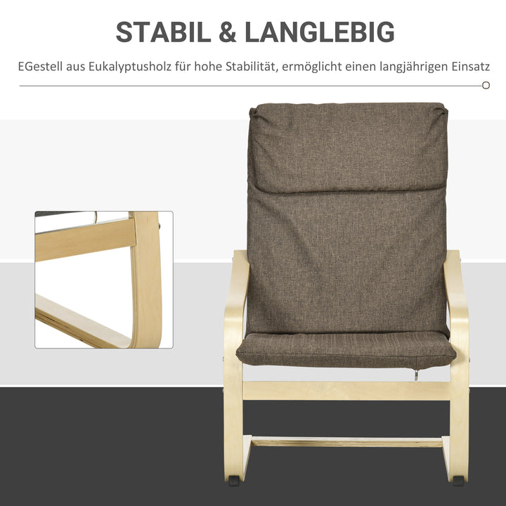 Lænestol med nakkestøtte og armlæn, betræk i linnedlook, træstel, brun + natur
