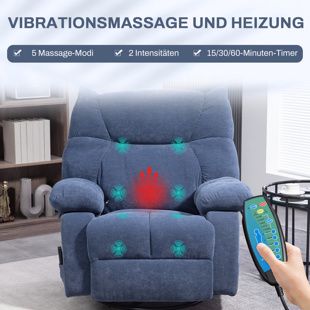 Massagestol med varme- og lænefunktion, drejelig, op til 150 kg, metalstel, 98x90x98cm, blå