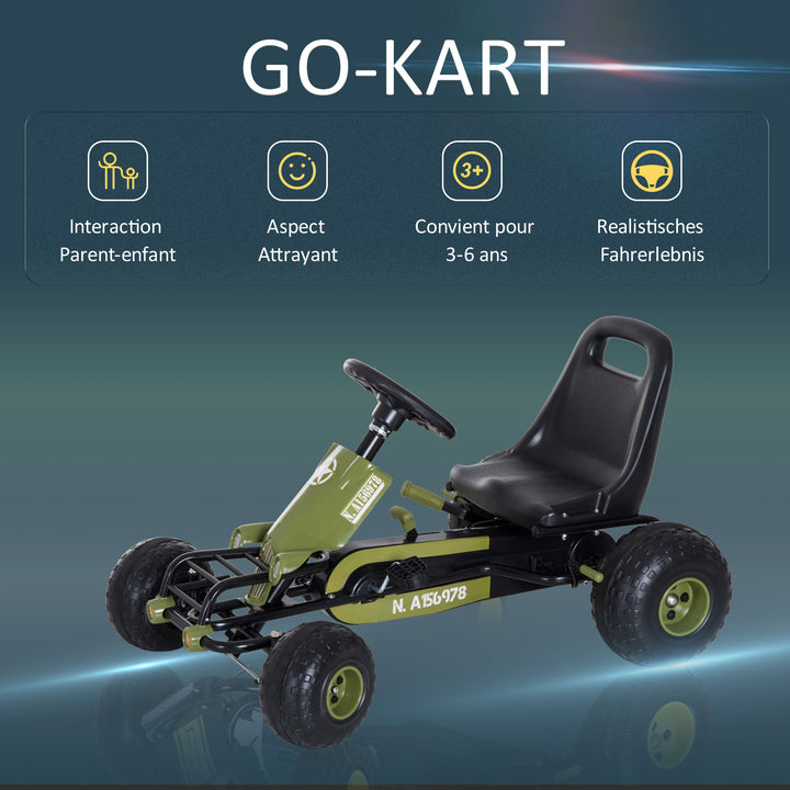 Gokart pedalbil med håndbremse, frem- og bakgear, børnekøretøj kettcar pedalbil med justerbart sæde til børn 3-6 år, 99 x 65 x 56 cm grøn