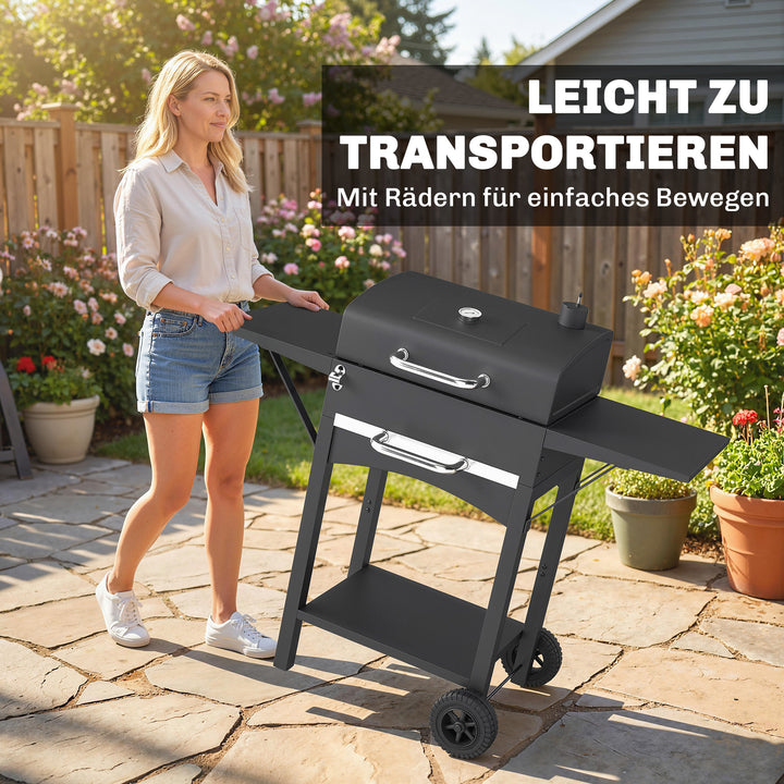 Kulgrill med låg, BBQ-røgergrill med 2 sideborde, stor grilloverflade, grillrist, termometer, hjul