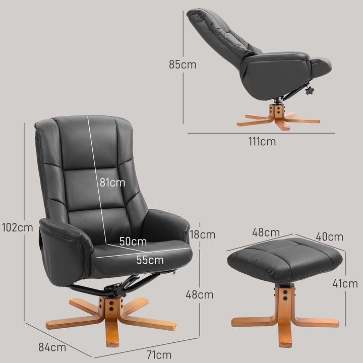 Lænestol med fodskammel, lænefunktion, betræk i kunstlæder, op til 150 kg, 71 x 84 x 102 cm, sort