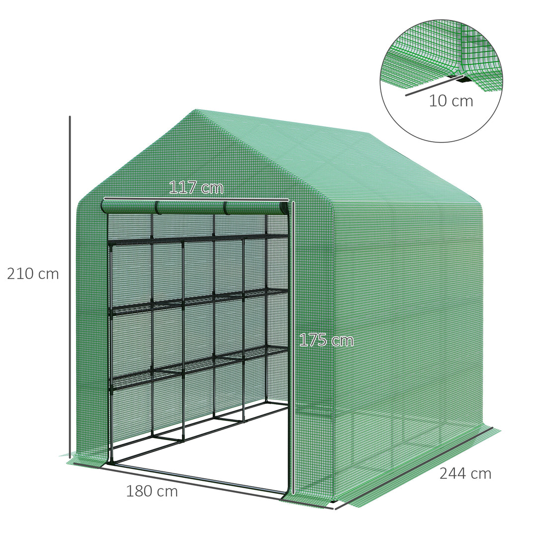 Plastikdrivhus, walk-in drivhus med 8 hylder, tomatdrivhus, drivhus, kold ramme med dør, grøn stål, pe-plast 244 x 180 x 210 cm