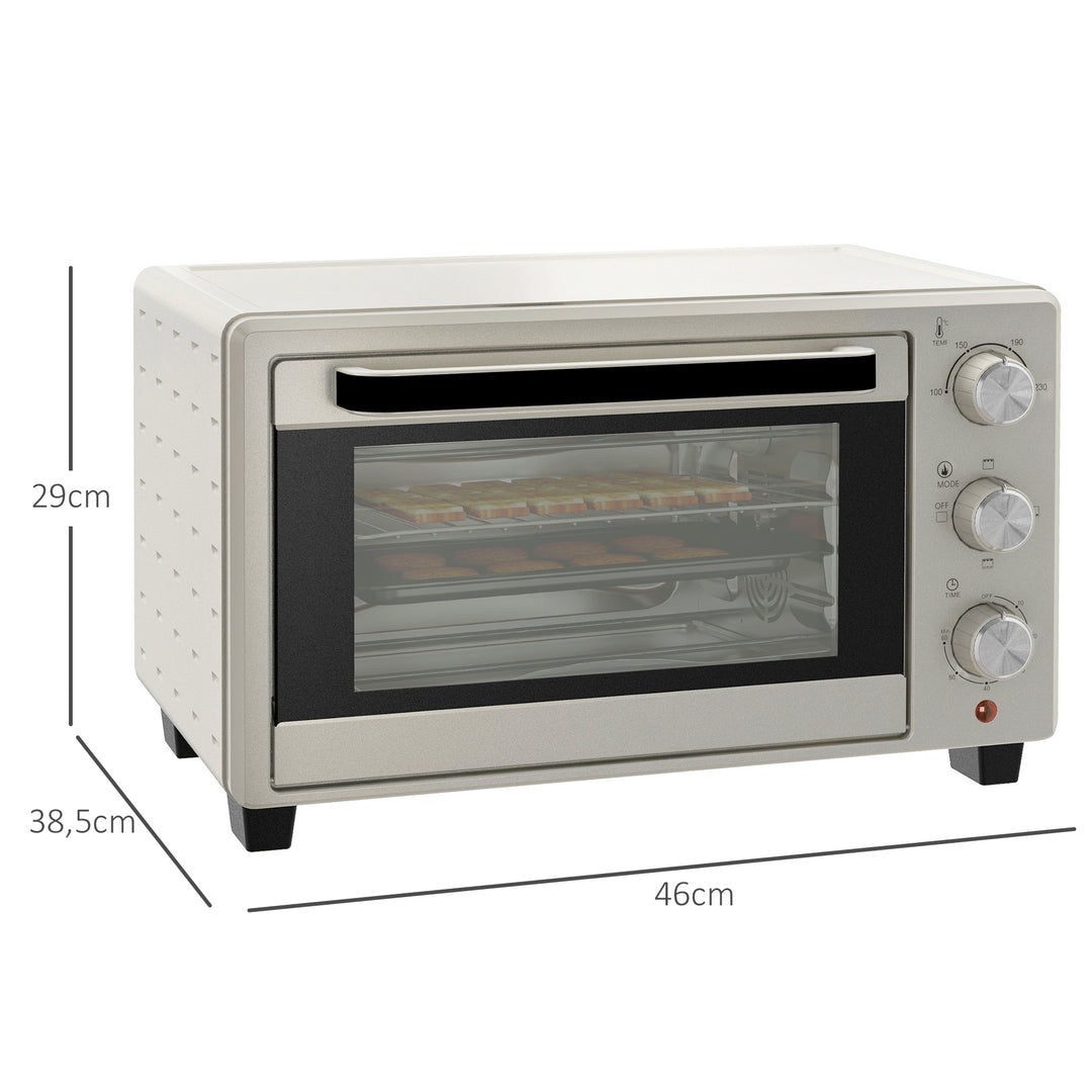 Miniovn, lille 21 l brødristerovn med 1 rist og 1 bageplade, 3 tilberedningstilstande, 100°c-230°c, rustfrit stål, glas, cremehvid