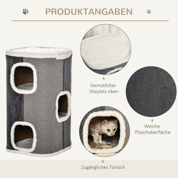 Kradsetræ til katte, kradsetræ til katte, 3 niveauer, klatretræ til katte, kattemøbler, spånplade, fløjlsagtig polyester, sisal, grå+hvid, 40 x 40 x 74 cm