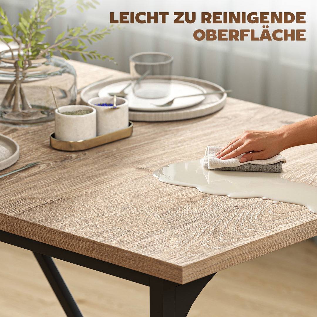 Spisebord til 6-8 personer. Moderne rektangulært køkkenbord med trælook, 180 x 80 x 75,5 cm, naturfarvet.