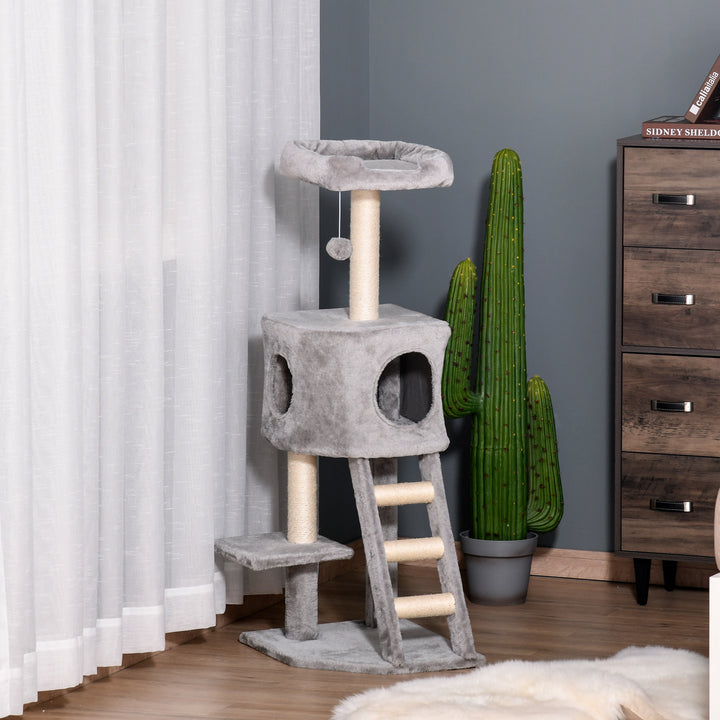 Kradsetræ 120 cm kattetårn med hule, legebold, sisalstolper, platform, trappe, kradsetræ i flere niveauer til katte, klatretræ til katte, lysegrå