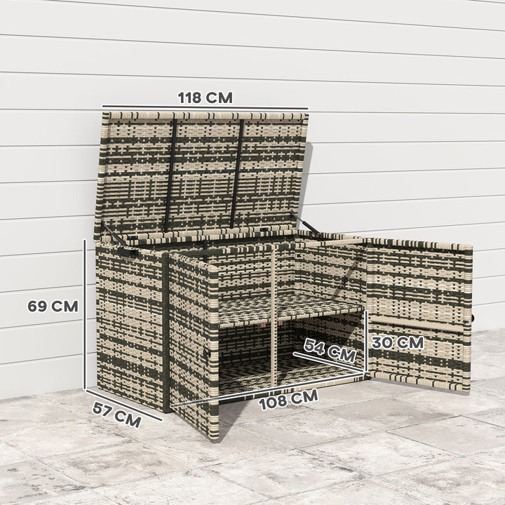 Rattan opbevaringskasse 350l 2-niveau hyndekasse med låg løftestænger bærehåndtag 118 x 57 x 69 cm blandet grå