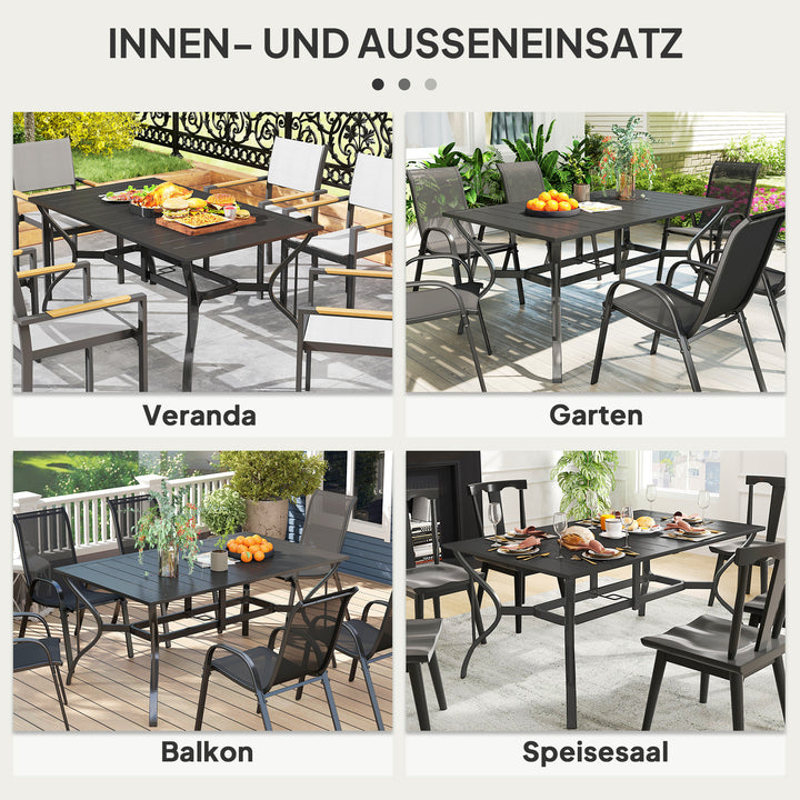 Havebord stål 150x90 cm vejrbestandigt balkonbord med parasolhul, lameldesign til 6 personer sort