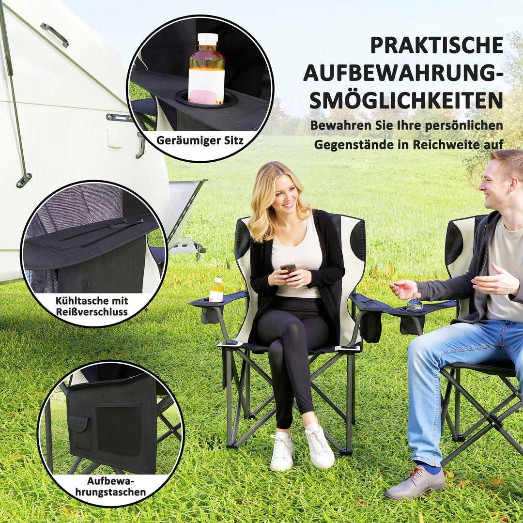 Sæt med 2 foldbare campingstole med armlæn, kopholder, nakkestøtte og køletaske, sort