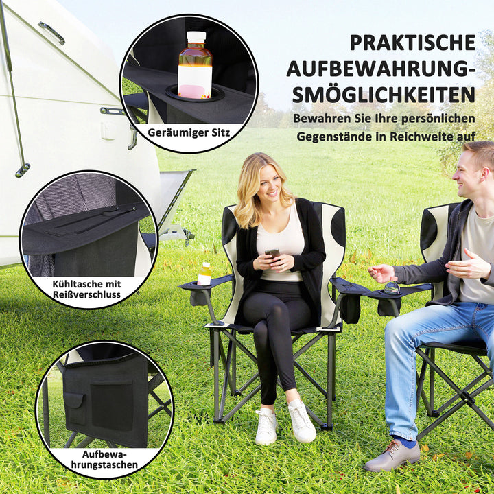 Sæt med 2 foldbare campingstole med armlæn, kopholder, nakkestøtte og køletaske, sort