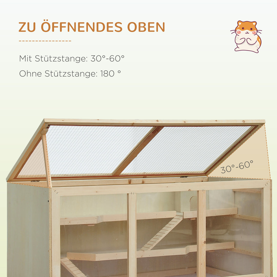 Hamsterbur af træ, 3 niveauer, gnaverbur med rengøringsbar hylde, smådyrsbur med foldelåg, trappe, træbur, bur til hamstere, dværghamstere, 115 x 57 x 55 cm, naturtræ
